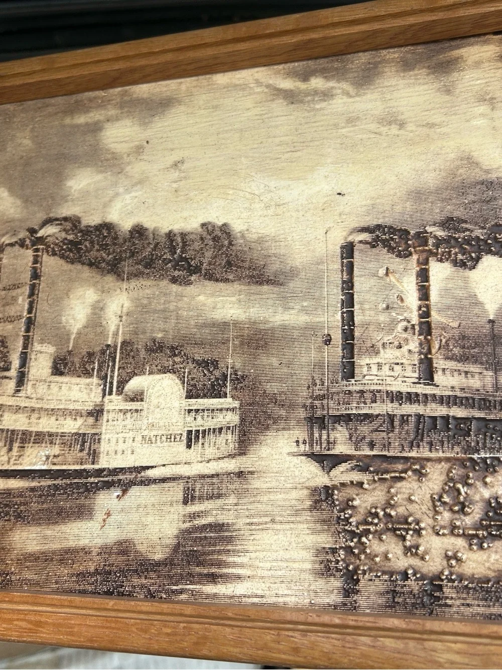 vintage wood-burned or engraved art titled 